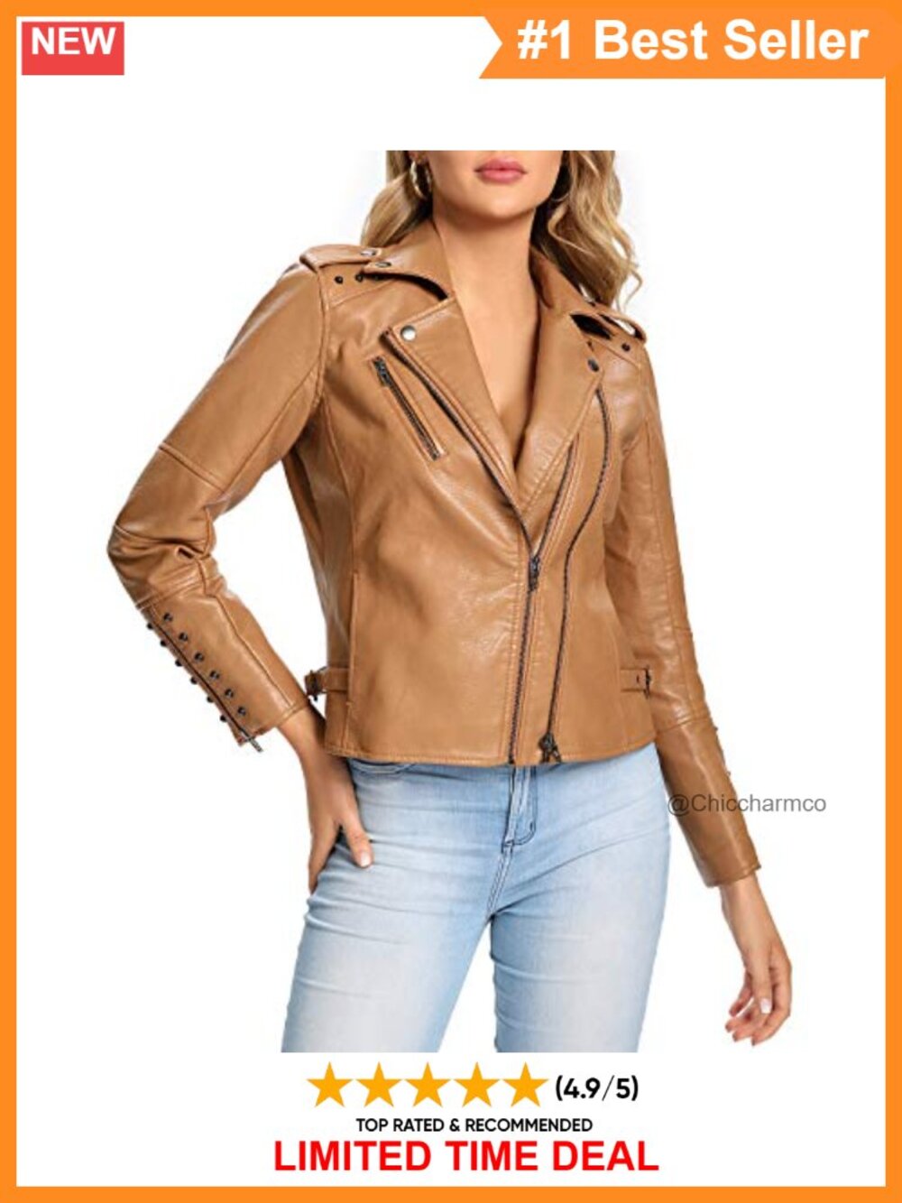 Faux Leather Moto Biker Jacket Double Zip Rivet Coat Long Sleeve
